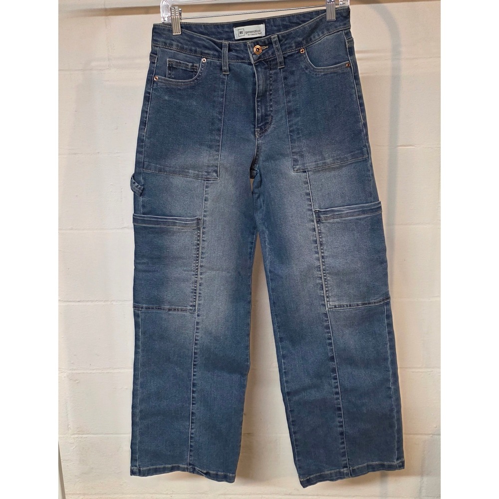 RE Generation Celebrity Pink Carpenter Jeans Wide Leg Patch Pocket Blue Denim
